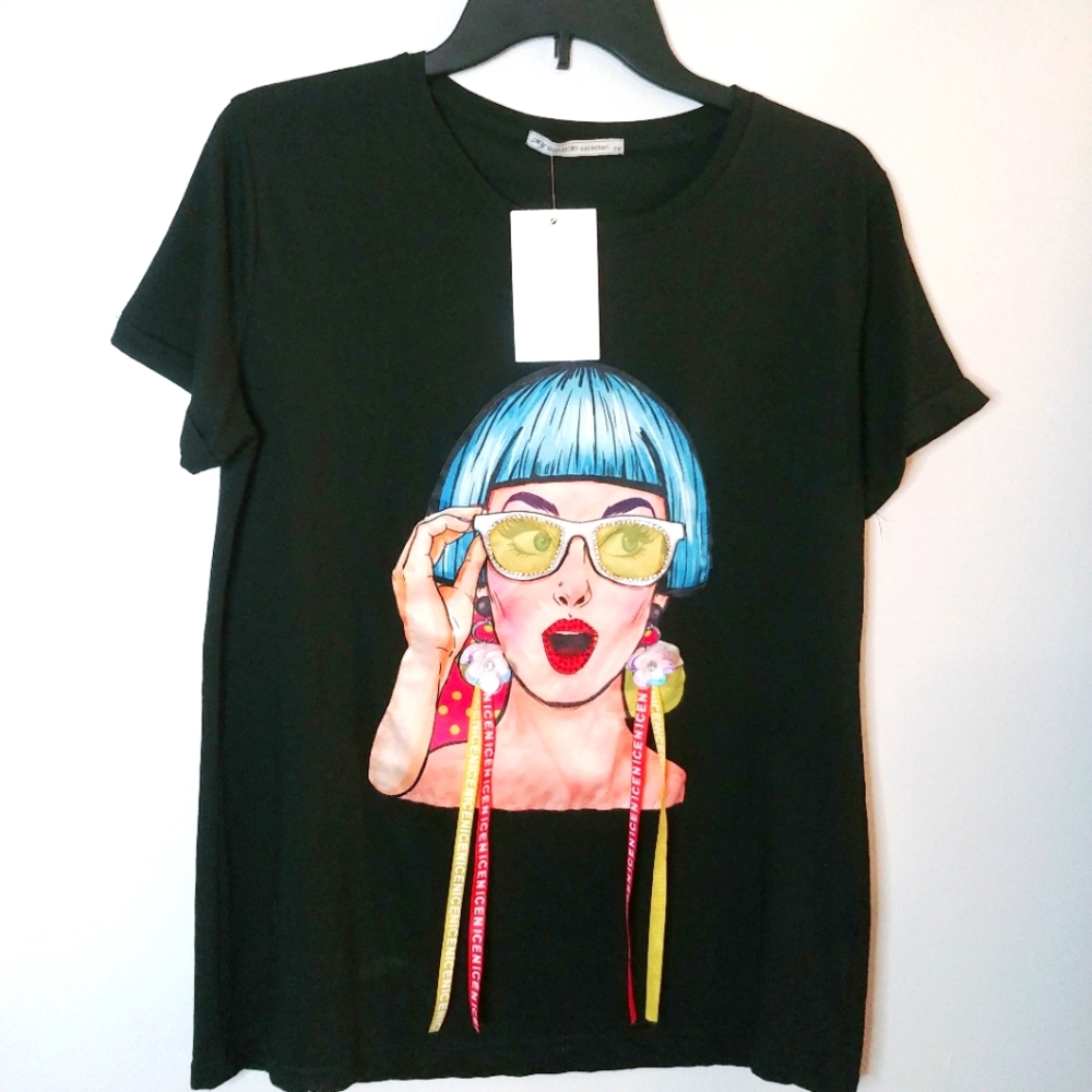 Fun 3D Face Embellished Graphic Tee NWT